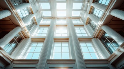 Fototapeta premium A bright, sunlit interior featuring tall windows and marble pillars creating an airy, welcoming atmosphere with a warm play of light and shadows.