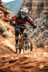 Naklejka premium Mountain biker in action on a desert trail