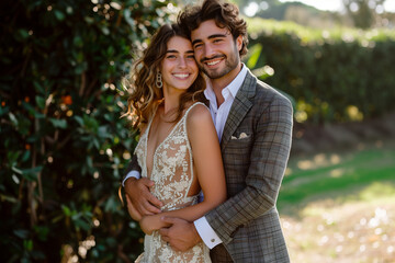 Fototapeta premium Loving couple embracing in a natural outdoor setting. Generative AI image