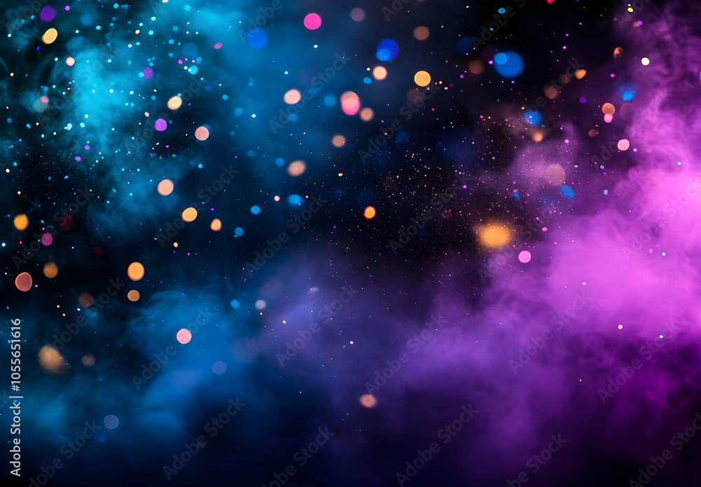 Poster a vibrant abstract background featuring colorful bokeh and smoke effects.