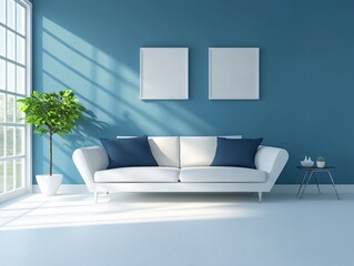 Sky blue accent walls with minimalist furnishings and pops of dark blue for a modern, fresh room