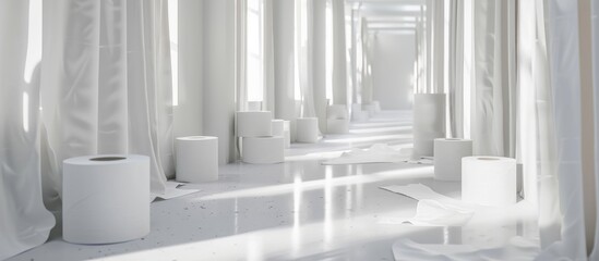 Fototapeta premium White Toilet Paper Rolls With White Background Bathroom Quarantine Concept
