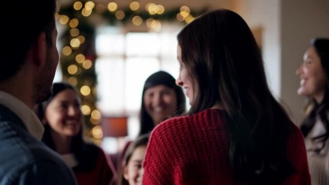 woman enjoying peaceful Christmas moment with family, family gathered around warm fireplace on Christmas Eve, cozy Christmas living room with family and friends