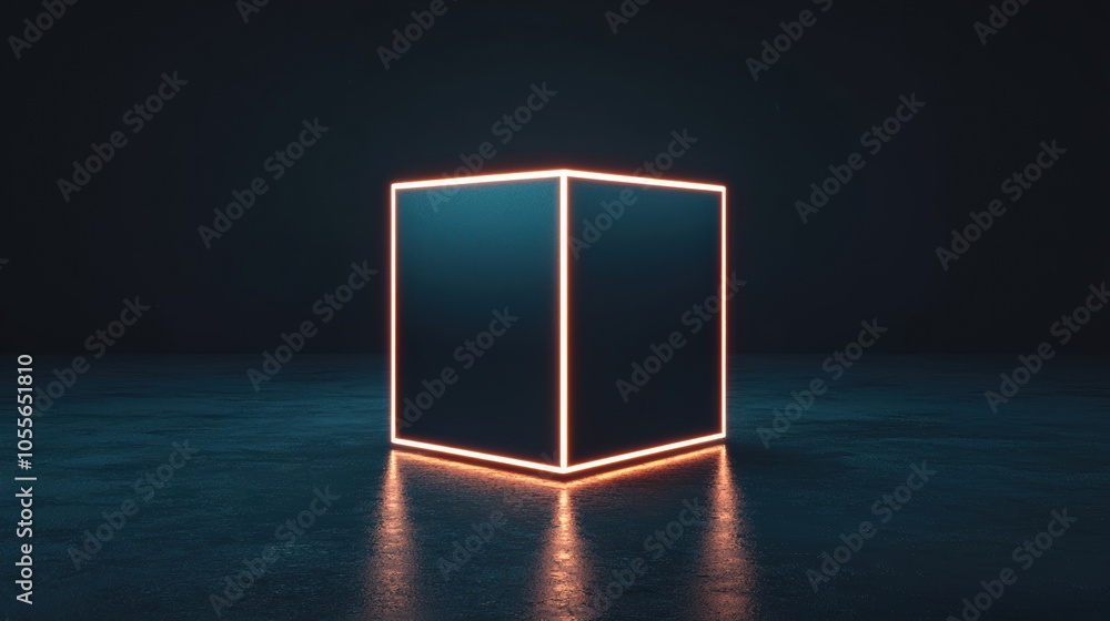 Poster a futuristic glowing cube in a dark environment, showcasing a sleek design with illuminated edges. p