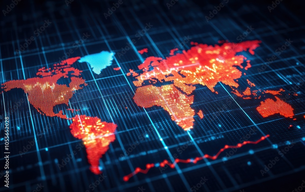 Poster a digital world map illustration showcasing vibrant data visualizations and glowing elements, perfec