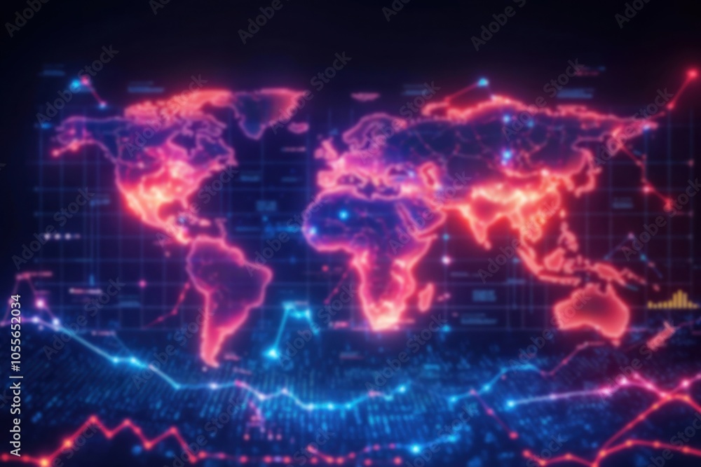 Aufkleber a vibrant digital world map with glowing lines and data visualizations, depicting global connectivit