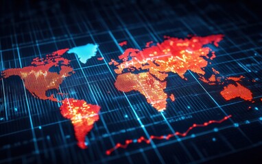 Fototapeta premium A digital world map illustration showcasing vibrant data visualizations and glowing elements, perfect for technology and global connectivity themes.
