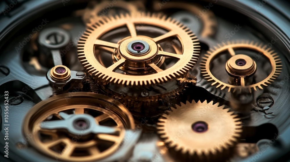Poster intricate and precise golden clockwork mechanism details highlighting gears, cogs, and wheels.