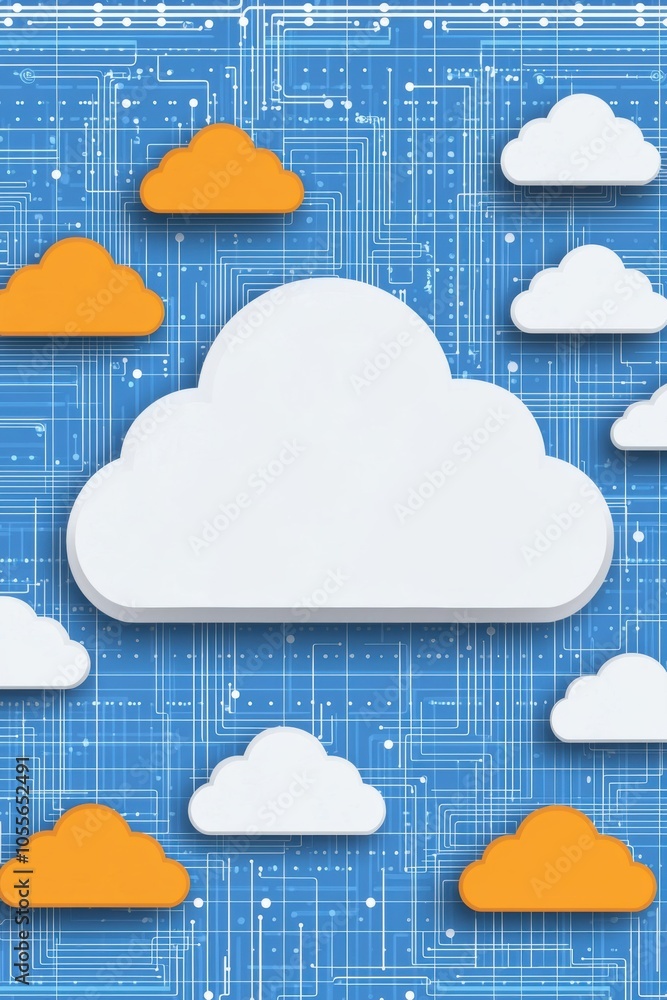 Poster stylish digital cloud illustration with vibrant colors and abstract circuit patterns, ideal for tech