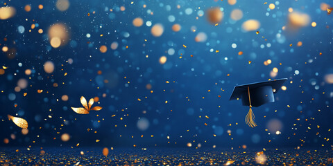 Blue background illustration with bokeh colorful shiny gold confetti and graduation cap, copy space. College university degree diploma achievement celebration, congratulations, award, academy banner