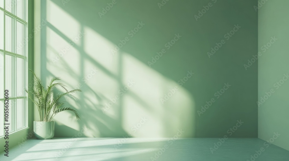 Poster interior mockup of a pastel green empty space featuring soft warm light streaming through a window w