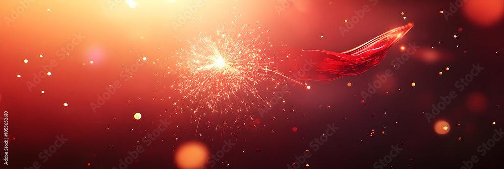 Poster a vibrant abstract scene featuring a red element and sparkling light effects.