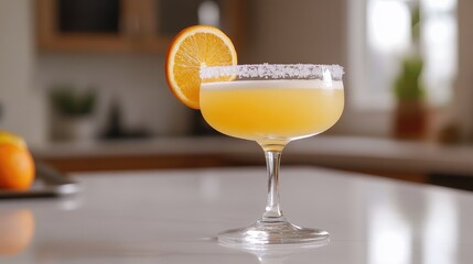 Orange margarita cocktail resting on a bar countertop