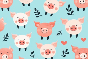 Cute and vibrant pig pattern featuring playful designs on a light blue background, perfect for children's decor and farm-themed projects.