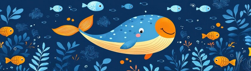 Obraz premium A whimsical underwater scene featuring a cheerful blue whale surrounded by colorful fish and lush marine plants in a vibrant ocean setting.
