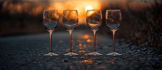 Four Glasses Are Standing At The Roadside After A Party