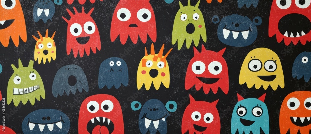 Aufkleber a colorful array of playful monster faces on a dark textured background, featuring a variety of expr