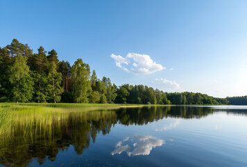 Fototapeta premium Serene lake surrounded by lush forests under blue sky. Generative AI image