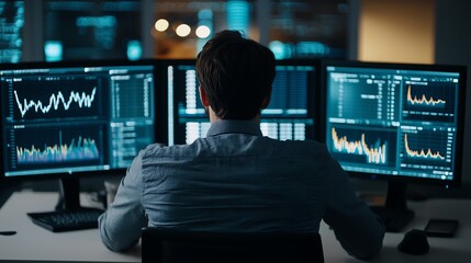 A focused professional analyzing data on multiple computer screens in a modern office environment at night.