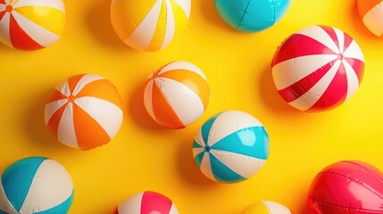 Vibrant beach balls on a bright yellow backdrop for a summer adventure and enjoyment theme