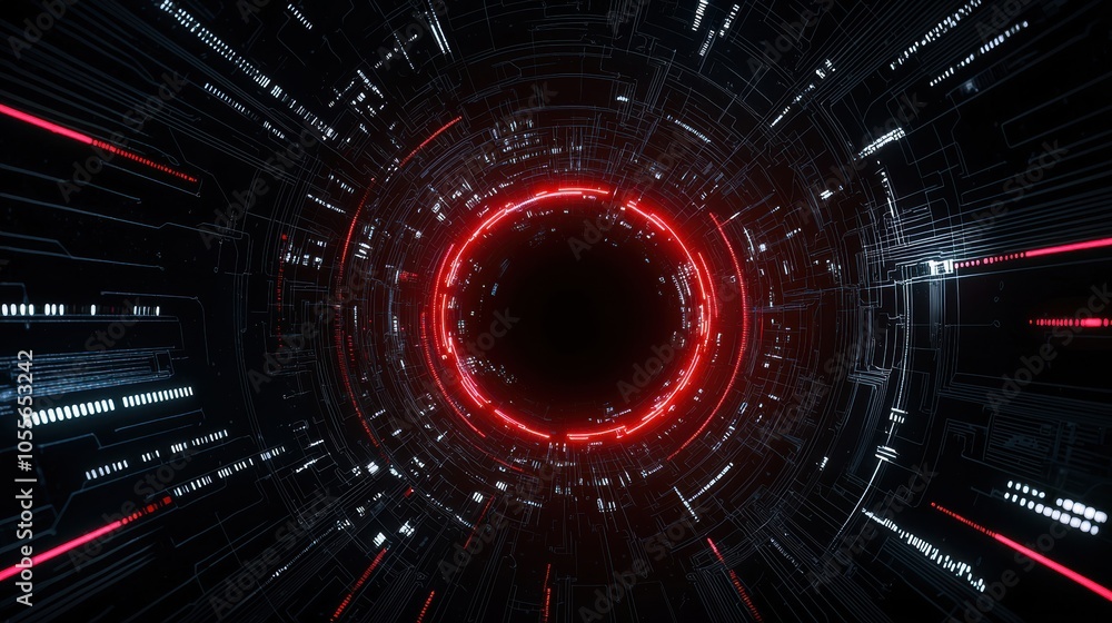 Poster abstract digital tunnel with glowing red lines and intricate circuitry, perfect for technology, sci-