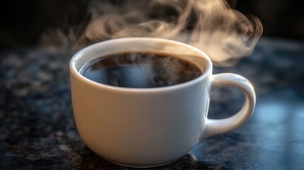 Fototapeta premium A white mug filled with steaming hot black coffee releasing a warm cloud of steam
