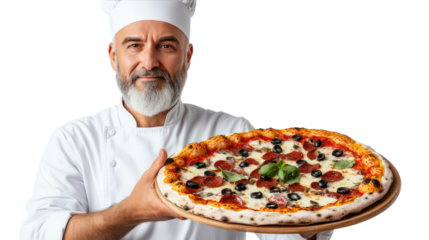 chef holding pizza on white background