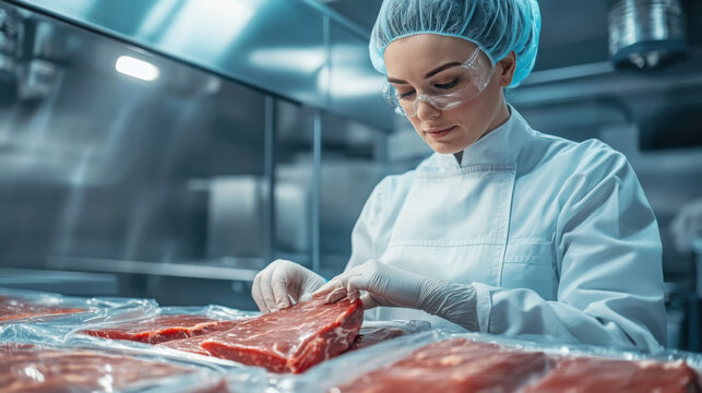 Hygienic packaging process: worker in sterile uniform sealing meat products in industrial facility