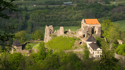 Aerial view of Potštejn Castle on a beautiful summer day, standing as a dominant feature over the...