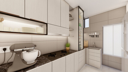 Interior design of small compact kitchen with false ceiling 3d visualization