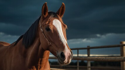 A close-up of a brown horse against a dramatic sky, showcasing its features and expression.