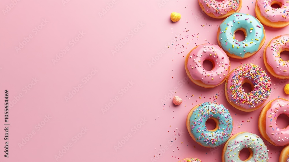 Poster variety of colorful donuts with sprinkles and icing displayed on a soft pink background creating a v