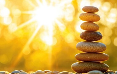 Obraz premium A serene stack of pebbles balanced delicately, illuminated by warm sunlight, symbolizing tranquility and harmony in nature.