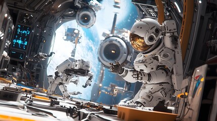 Fototapeta premium Exploring the wonders of space astronauts in action amidst the beauty of the cosmos