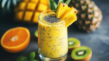 Tropical summer food concept featuring a vibrant mix of banana orange mango pineapple kiwi and a yellow smoothie with chia seeds served in a glass