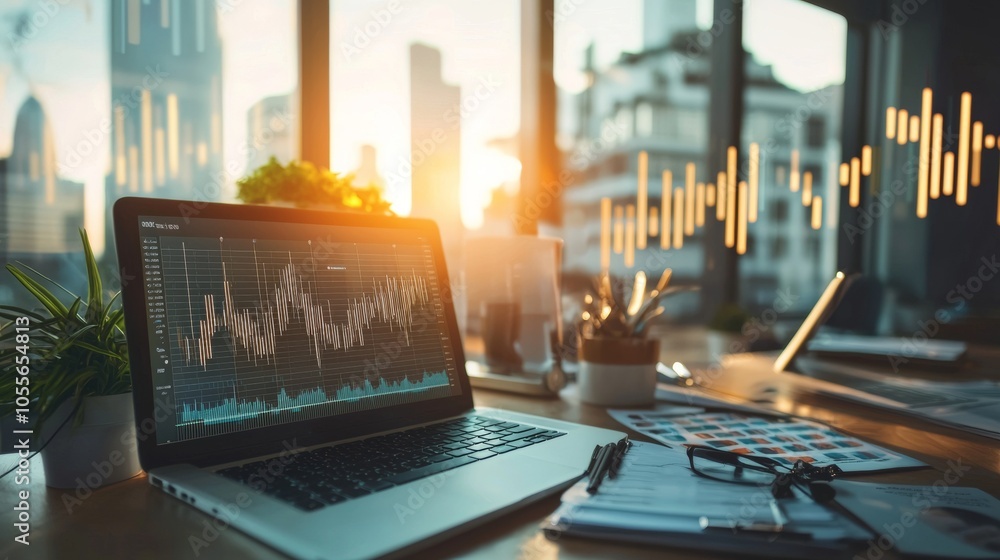 Poster laptop displaying stock market data with sunset in the background