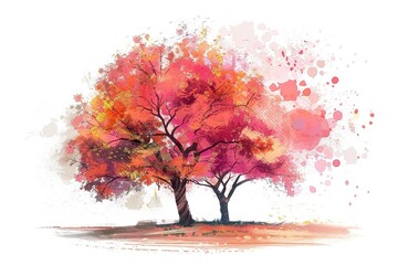 Obraz premium A colorful watercolor painting of a tree with splashes of vibrant hues in blue, purple, red, and orange, blending into an abstract design