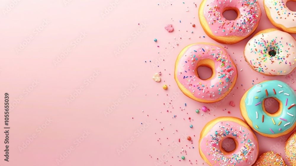 Poster variety of colorful donuts with sprinkles and icing displayed on a soft pink background creating a v
