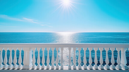 Serene ocean view with sunlit horizon over white balustrade for relaxation theme