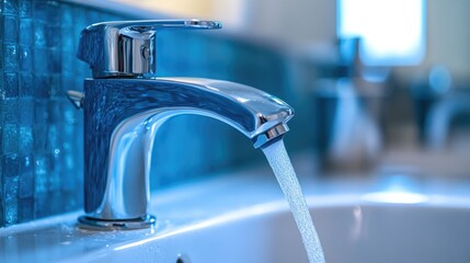 Home water conservation concept reducing usage and addressing supply issues A close up of a flowing blue faucet with a spray in a bathroom Selective focus
