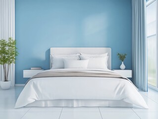 Sky blue walls highlight the simplicity of this minimalist women bedroom with a white bed and neutral accents