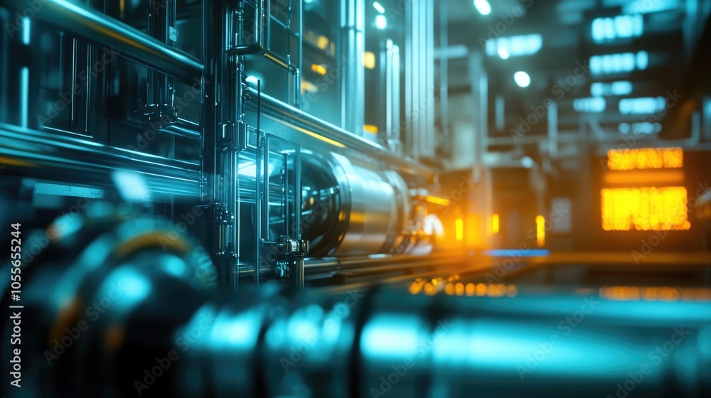 Poster illuminated modern factory setting featuring advanced machinery with a 3d rendering showcasing a fut