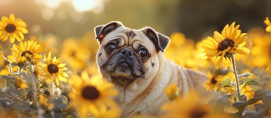 Pug Cute Old Chubby Dog Photographed With Yellow Sunflowers Blooming In The Morning Selectable Focus