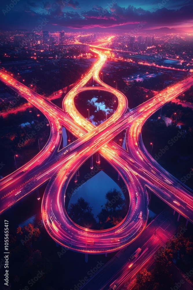 Poster aerial view of a vibrant highway interchange illuminated at night, showcasing dynamic traffic patter