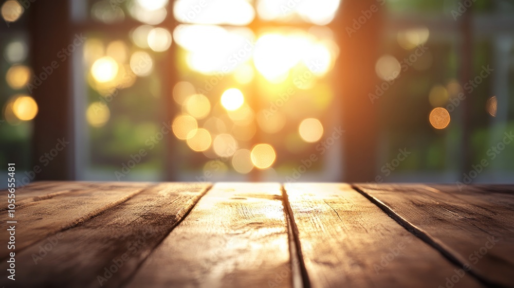 Poster wooden tabletop illuminated by bokeh light passing through windows set against a backdrop of natural