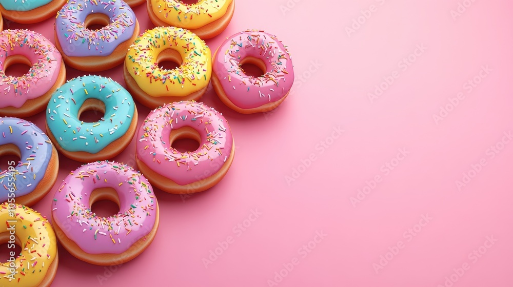 Poster variety of colorful donuts with sprinkles and icing displayed on a soft pink background creating a v