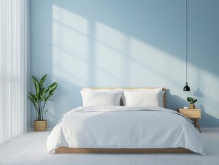 Sky blue walls in a minimalist bedroom are paired with a simple white bed and wooden bedside table