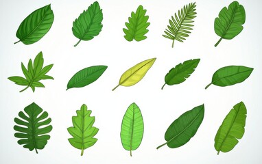 A vibrant collection of various green leaves showcasing unique shapes and textures, perfect for nature themes, designs, and backgrounds.