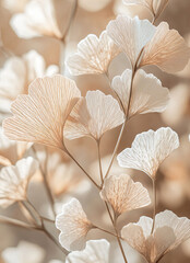 Close-up of ginkgo leaves, with light brown and white colors, layered paper art style