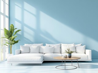 Sky blue walls in a minimalist bedroom are paired with a simple white bed and wooden bedside table